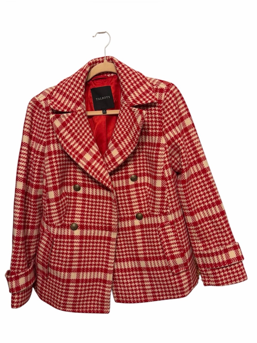 Talbots Red & Cream Houndstooth Double-Breasted Peacoat